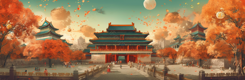 红色渐变大气国潮风插画故宫建筑广场上人群玩耍,插画/手绘图,插画/手绘图库,插画/手绘图下载,插画/手绘